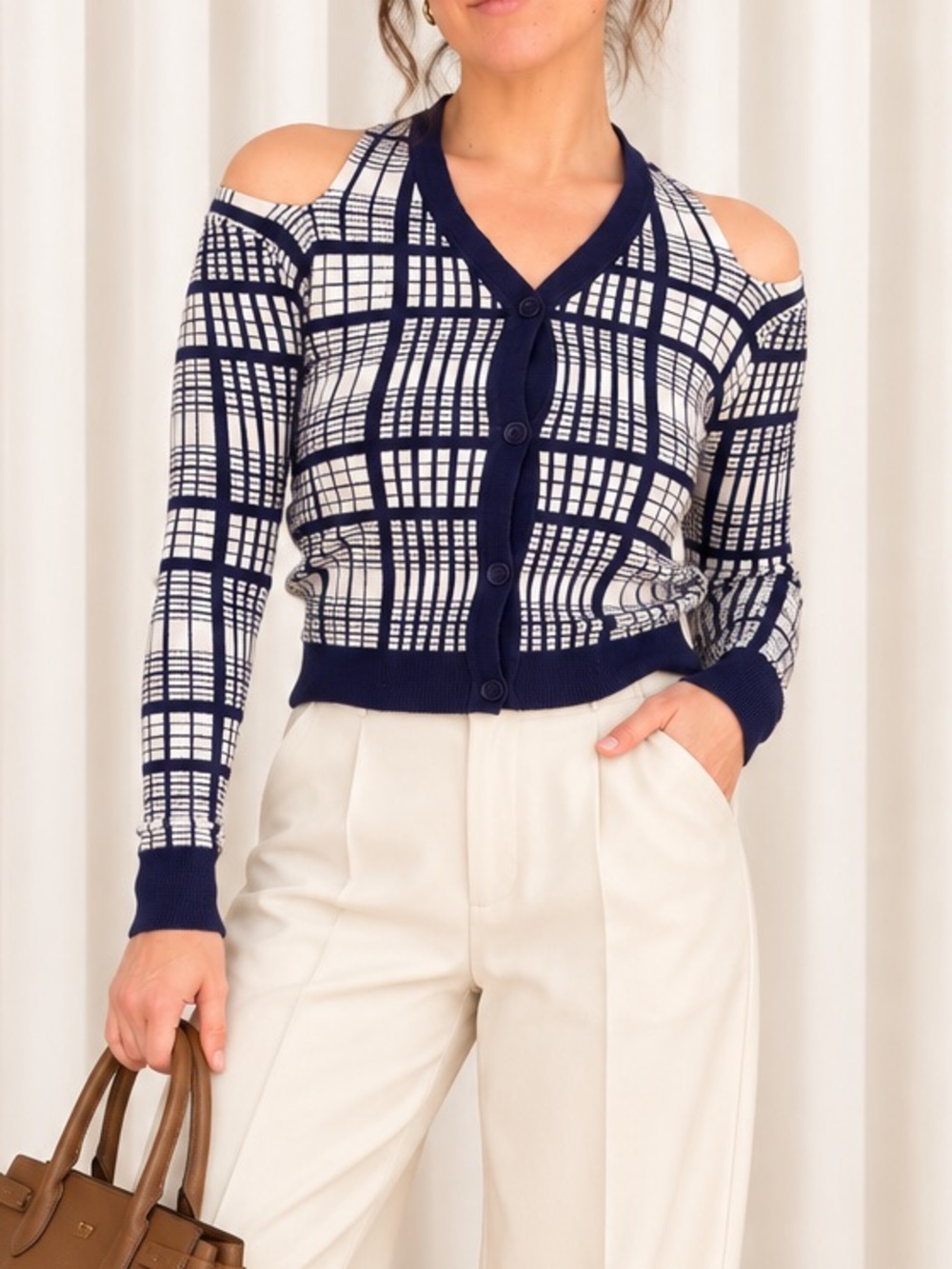 rokh Navy & Cream Plaid Cold Shoulder Cardigan